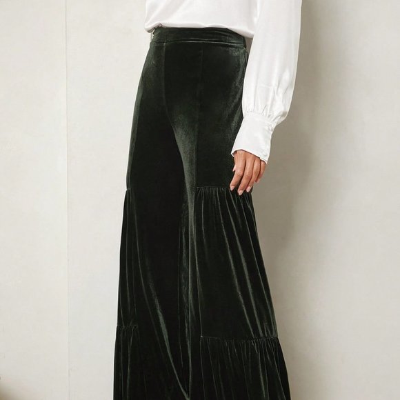 Dark Green Casual Womens High Waist Ruffle Hem Velvet Wide Leg Pants - Picture 3 of 5